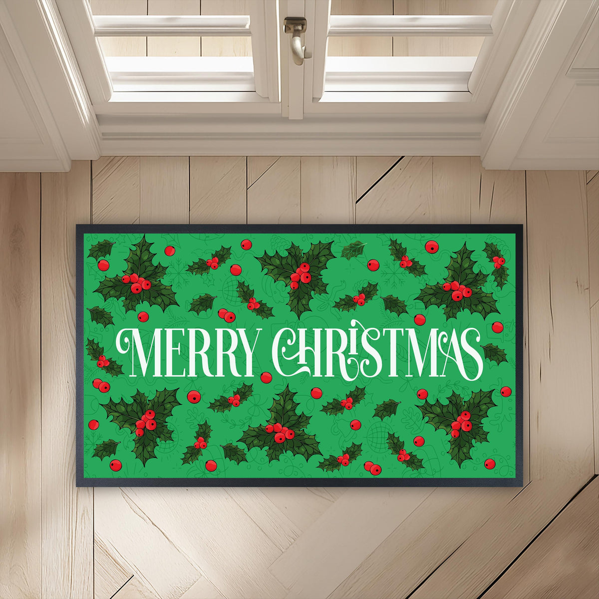 Merry Christmas Doormat, Green Holly Berry Welcome Mat, Festive Holiday Porch Rug