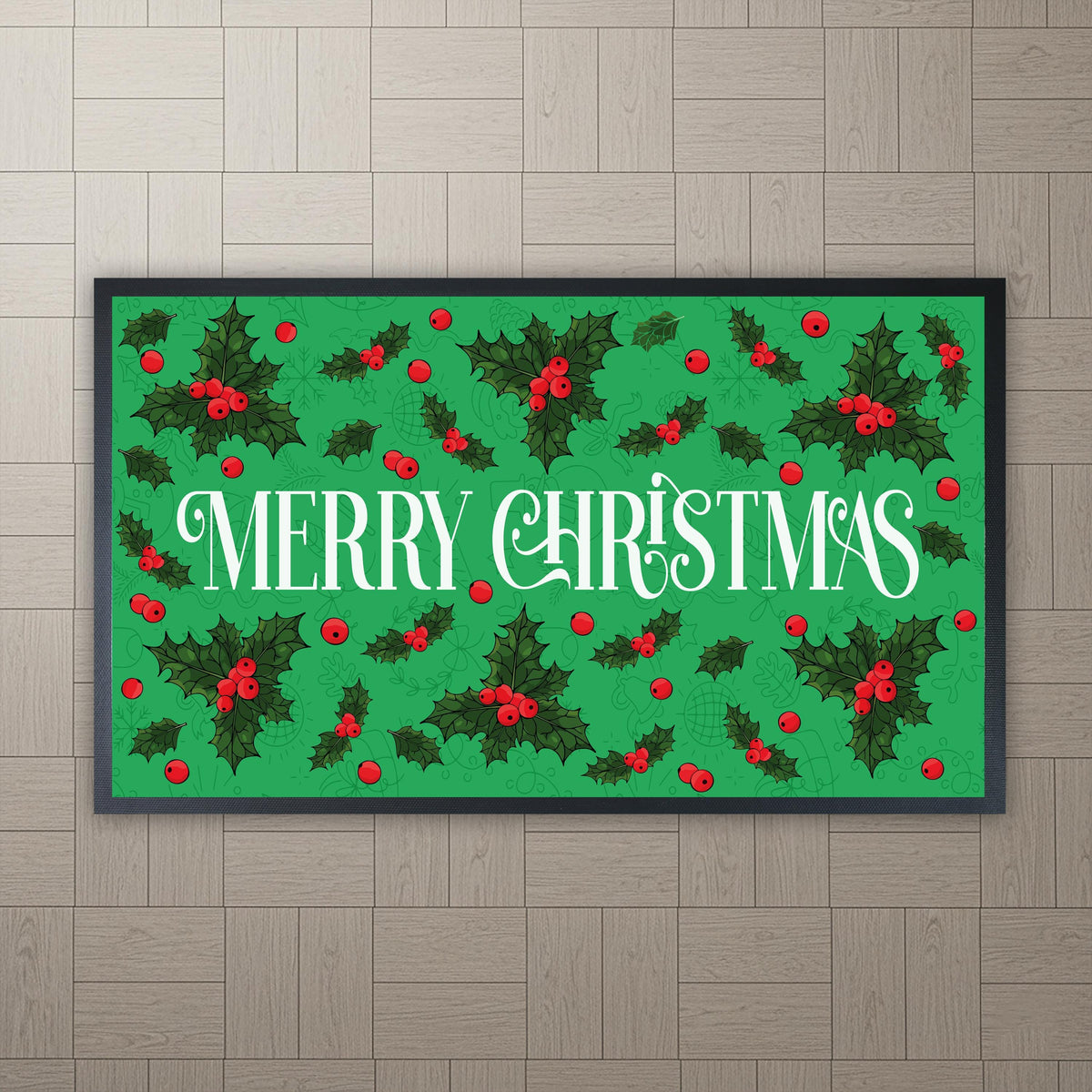 Merry Christmas Doormat, Green Holly Berry Welcome Mat, Festive Holiday Porch Rug