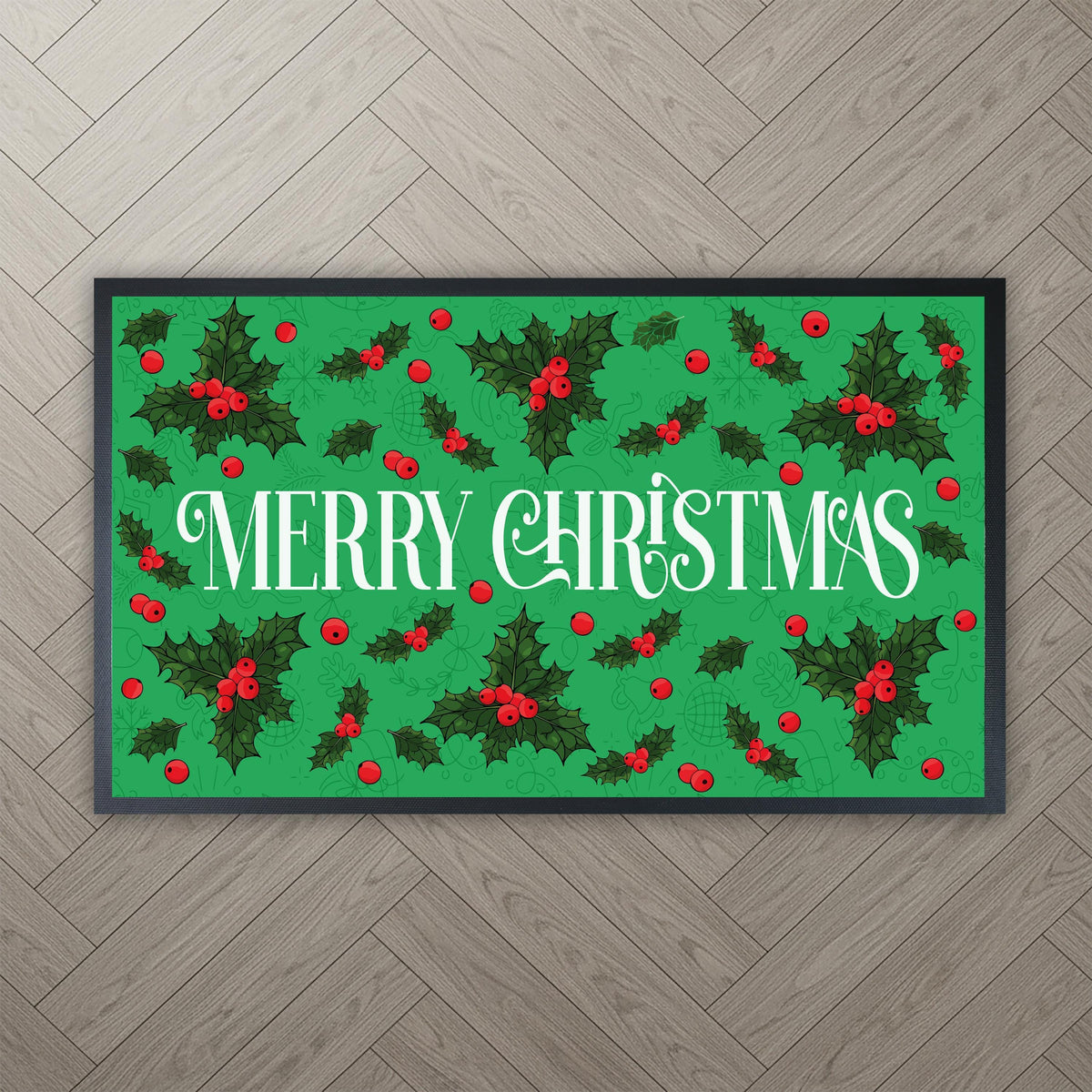 Merry Christmas Doormat, Green Holly Berry Welcome Mat, Festive Holiday Porch Rug