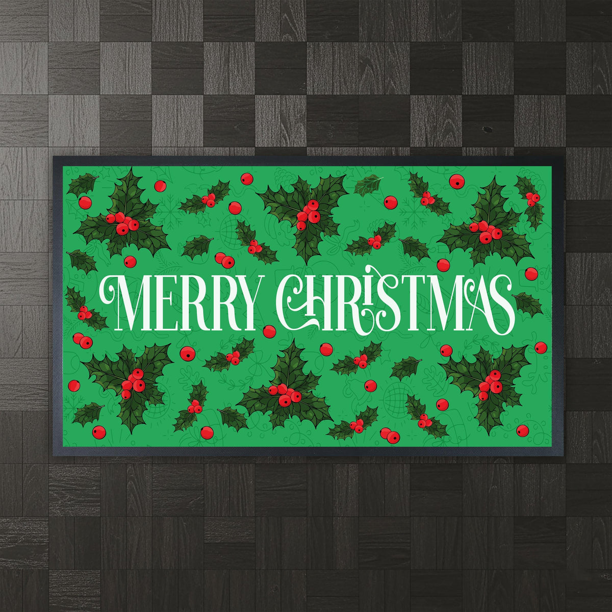 Merry Christmas Doormat, Green Holly Berry Welcome Mat, Festive Holiday Porch Rug