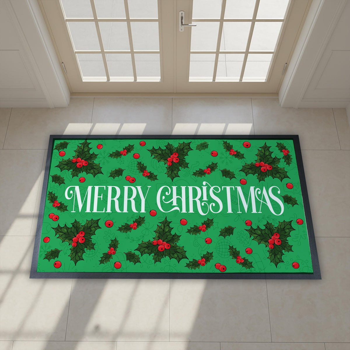 Merry Christmas Doormat, Green Holly Berry Welcome Mat, Festive Holiday Porch Rug