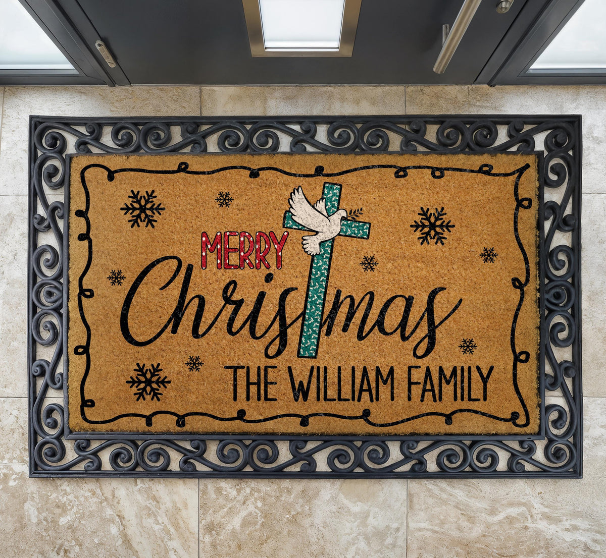 Personalized Christian Christmas Doormat, Custom Cross and Dove Welcome Mat