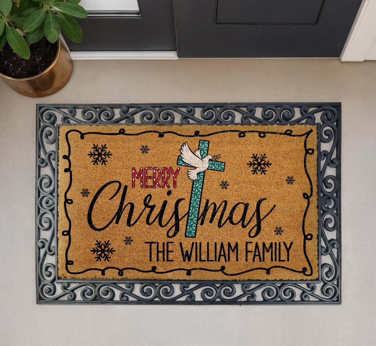 Personalized Christian Christmas Doormat, Custom Cross and Dove Welcome Mat