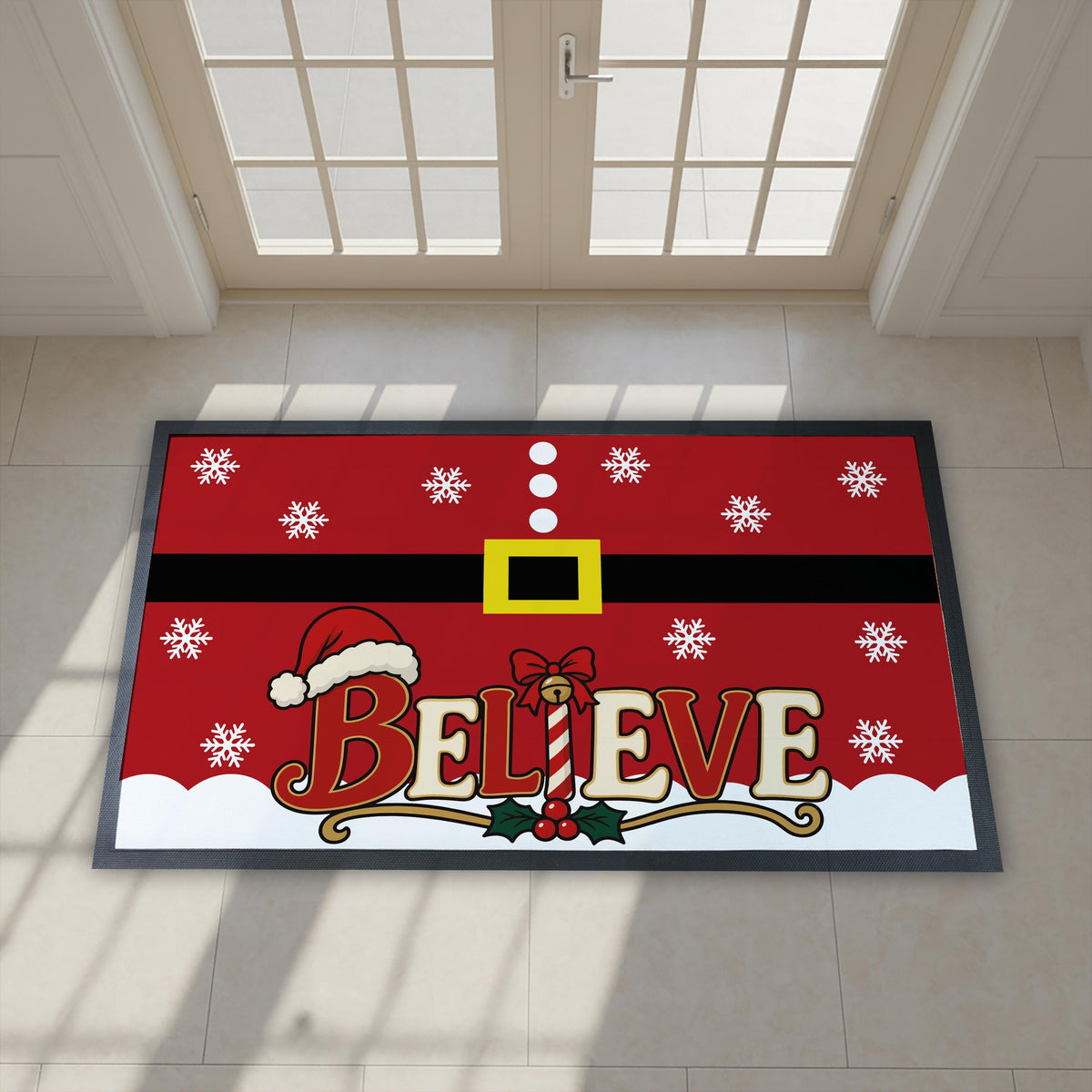Believe Christmas Doormat, Santa Suit Welcome Mat, Festive Winter Porch Decor