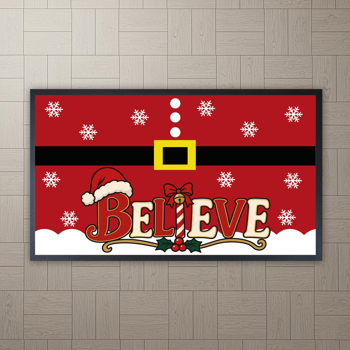 Believe Christmas Doormat, Santa Suit Welcome Mat, Festive Winter Porch Decor