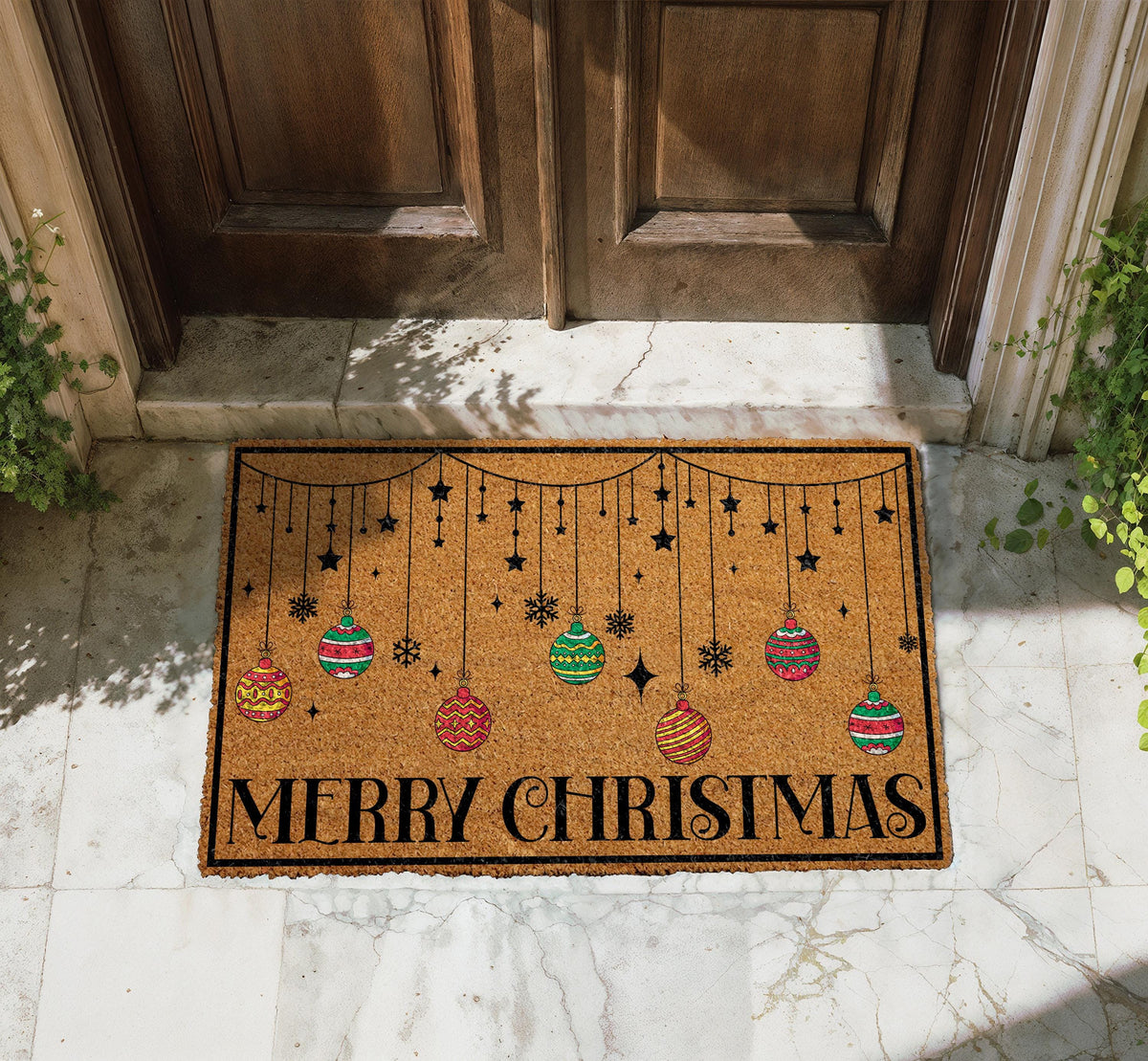 Merry Christmas Hanging Ornaments Doormat, Colorful Ornaments Holiday Welcome Mat