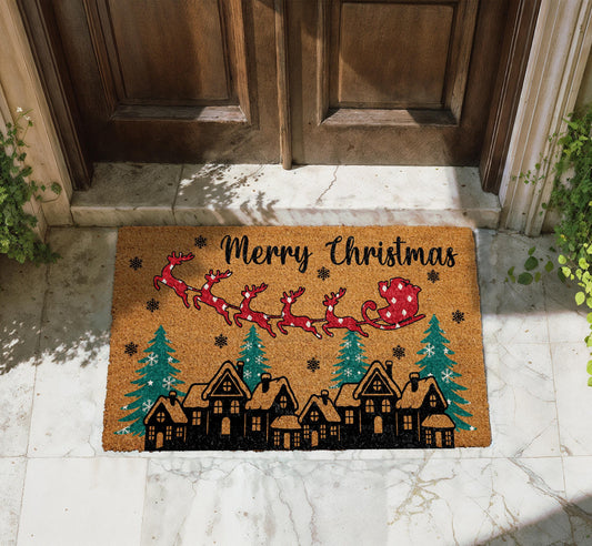 Merry Christmas Santa Sleigh and Reindeer Doormat, Traditional Christmas Welcome Mat