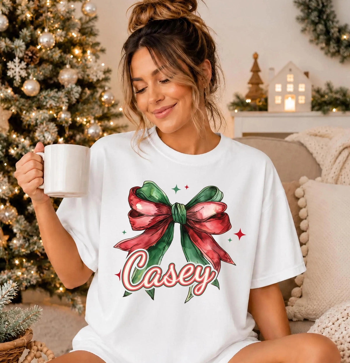 Custom Christmas Name Comfort Colors® T-Shirt, Coquette Bow Xmas Tee, Women Holiday Gift