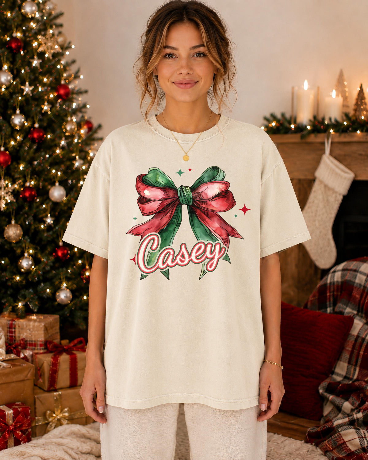 Custom Christmas Name Comfort Colors® T-Shirt, Coquette Bow Xmas Tee, Women Holiday Gift