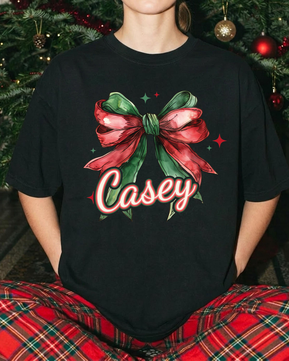 Custom Christmas Name Comfort Colors® T-Shirt, Coquette Bow Xmas Tee, Women Holiday Gift