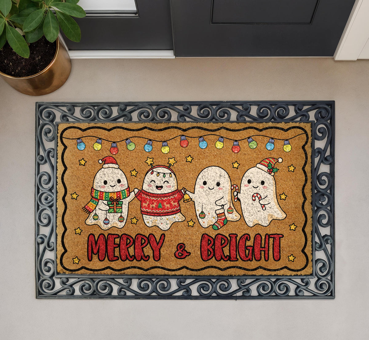 Merry and Bright Ghost Doormat, Spooky Christmas Welcome Mat, Creepmas Front Porch Decor