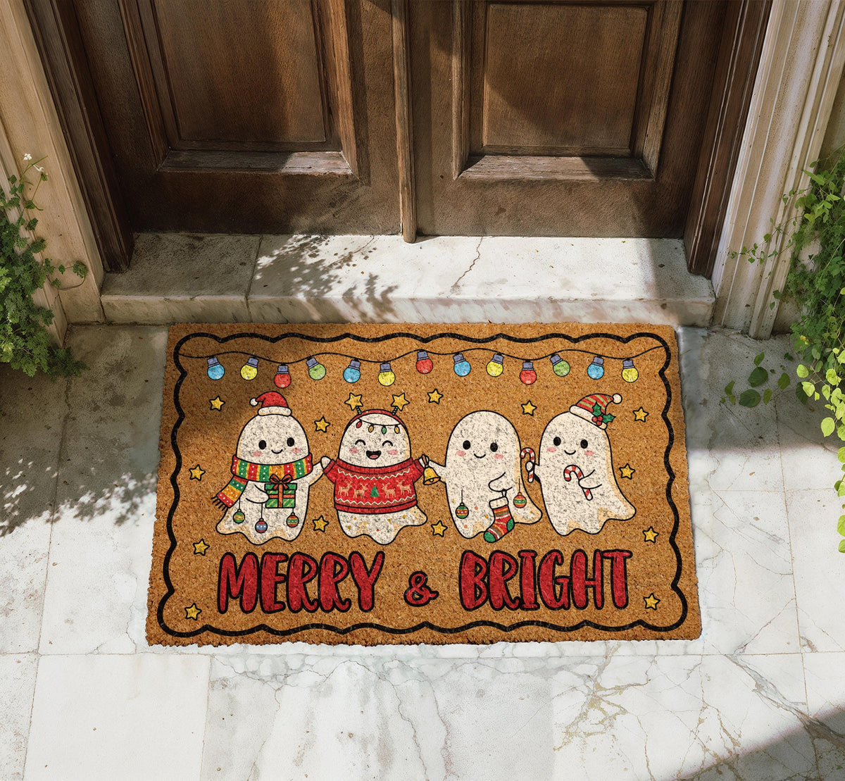 Merry and Bright Ghost Doormat, Spooky Christmas Welcome Mat, Creepmas Front Porch Decor