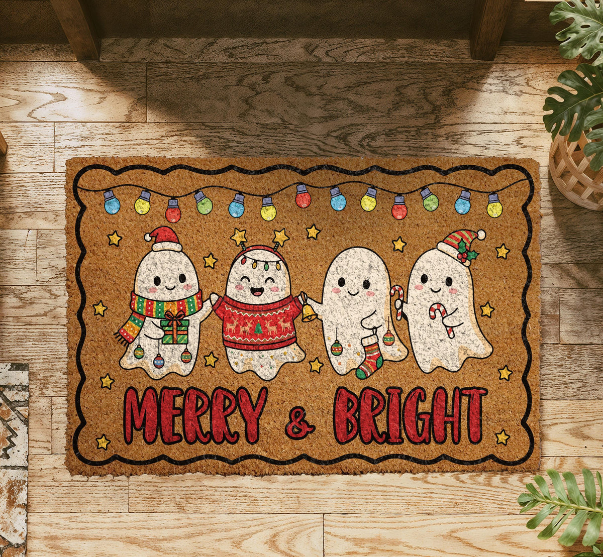 Merry and Bright Ghost Doormat, Spooky Christmas Welcome Mat, Creepmas Front Porch Decor