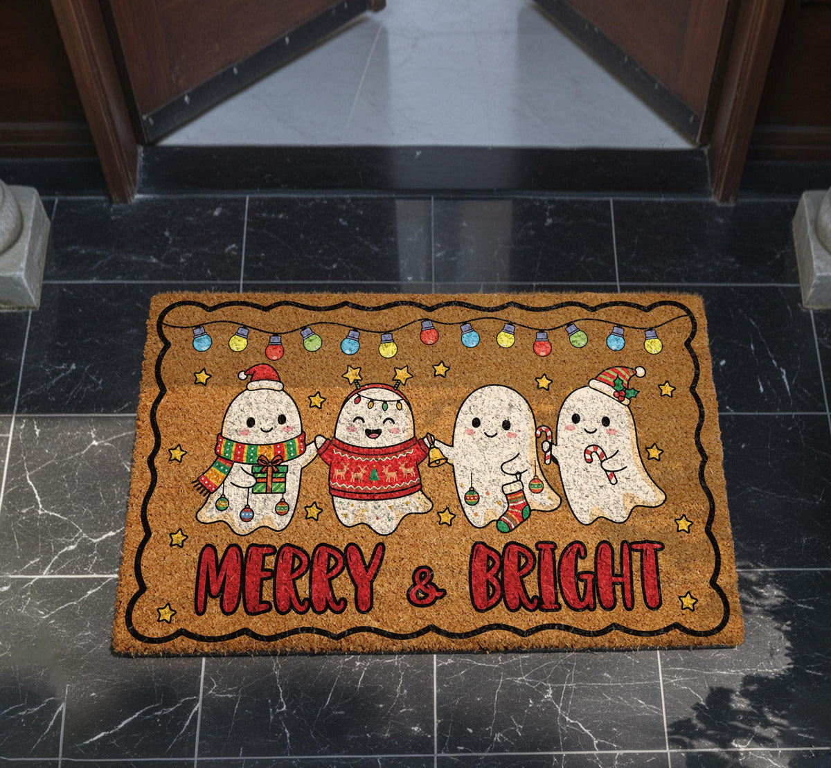 Merry and Bright Ghost Doormat, Spooky Christmas Welcome Mat, Creepmas Front Porch Decor