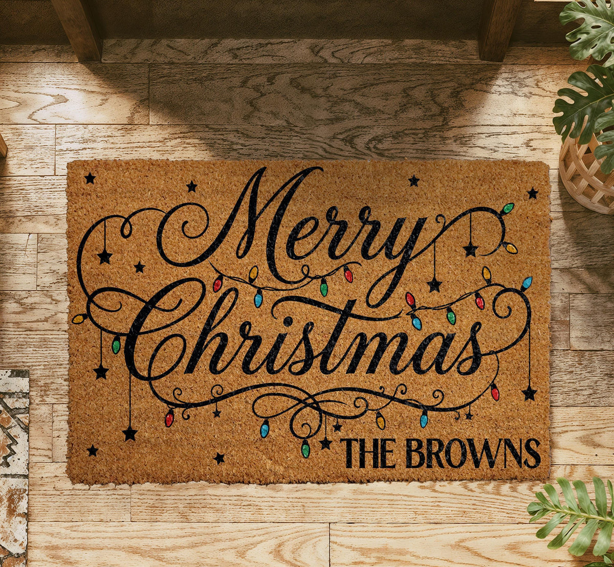 Personalized Merry Christmas Lights Doormat, Family Name Holiday Welcome Mat