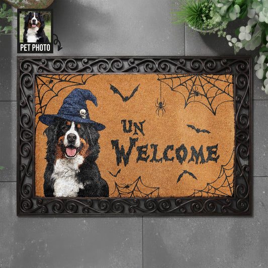 Custom Pet Halloween Doormat, Unwelcome Coir Mat, Personalized Dog Portrait Rug, Spooky Porch Decor, Funny Witch Dog Front Door Mat