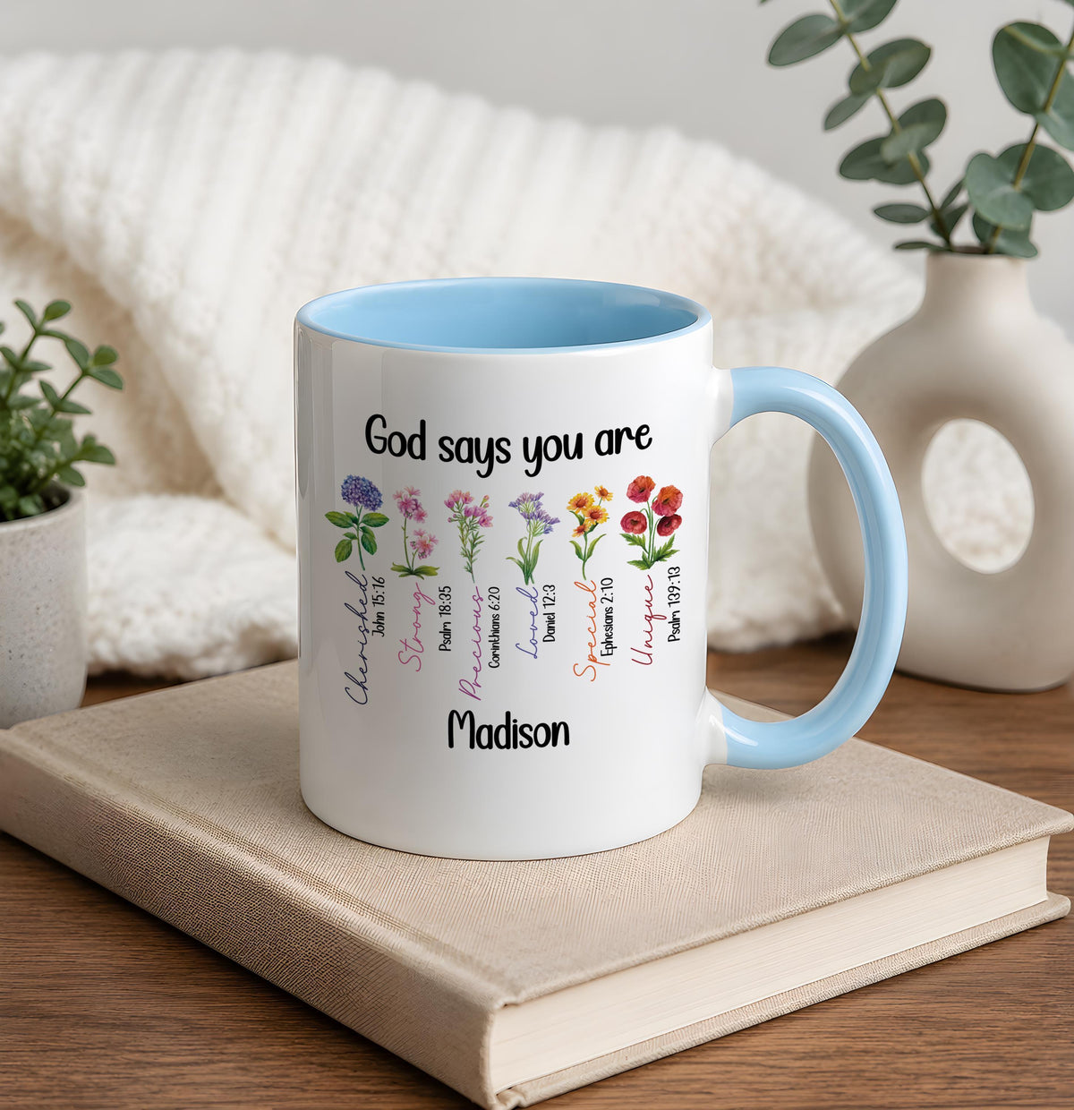 Personalized God Says You Are Mug with Name, Custom Bible Verse Wildflower Coffee Cup