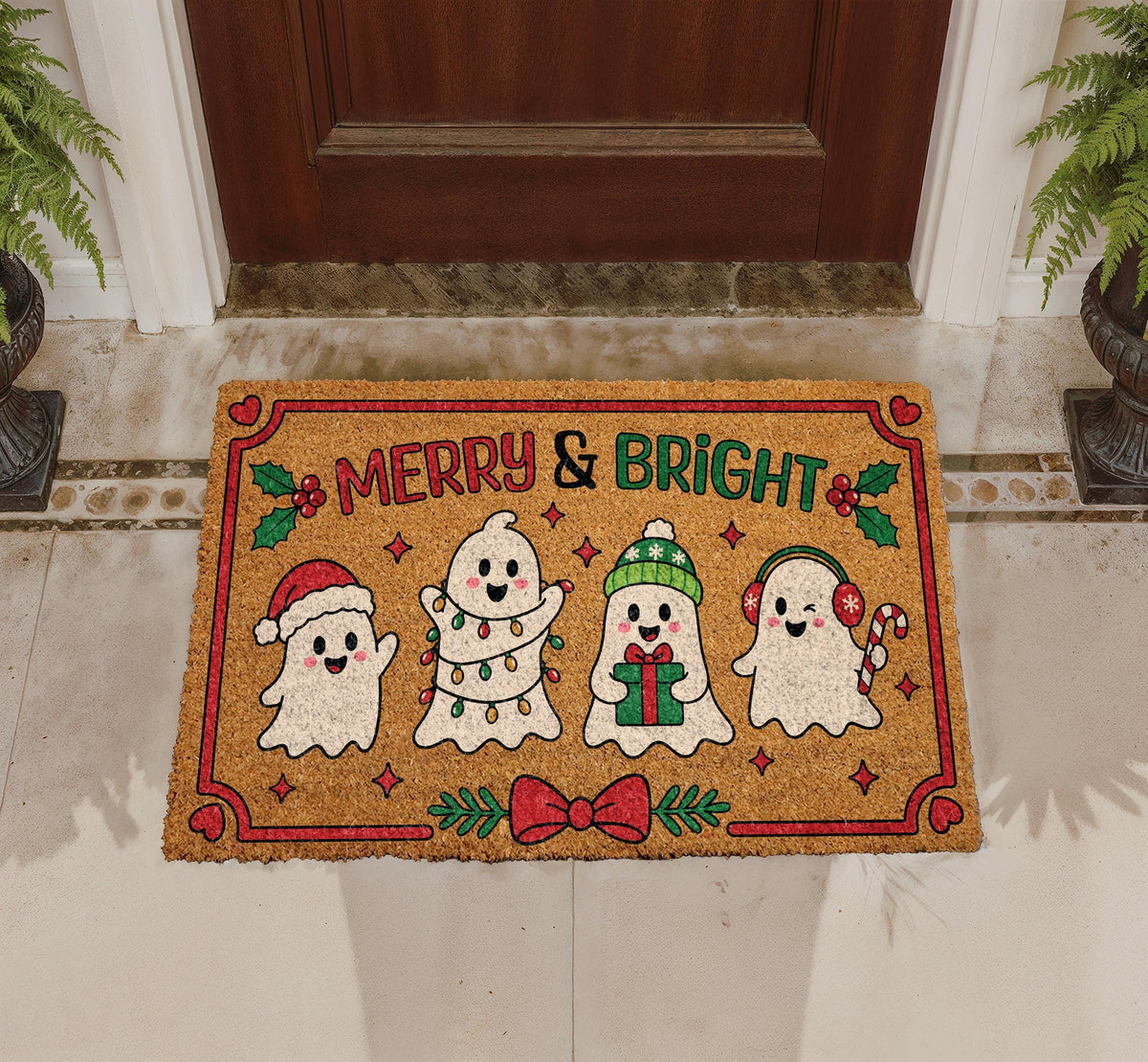 Personalized Ghost Doormat, Merry & Bright Christmas Welcome Mat (Coir)