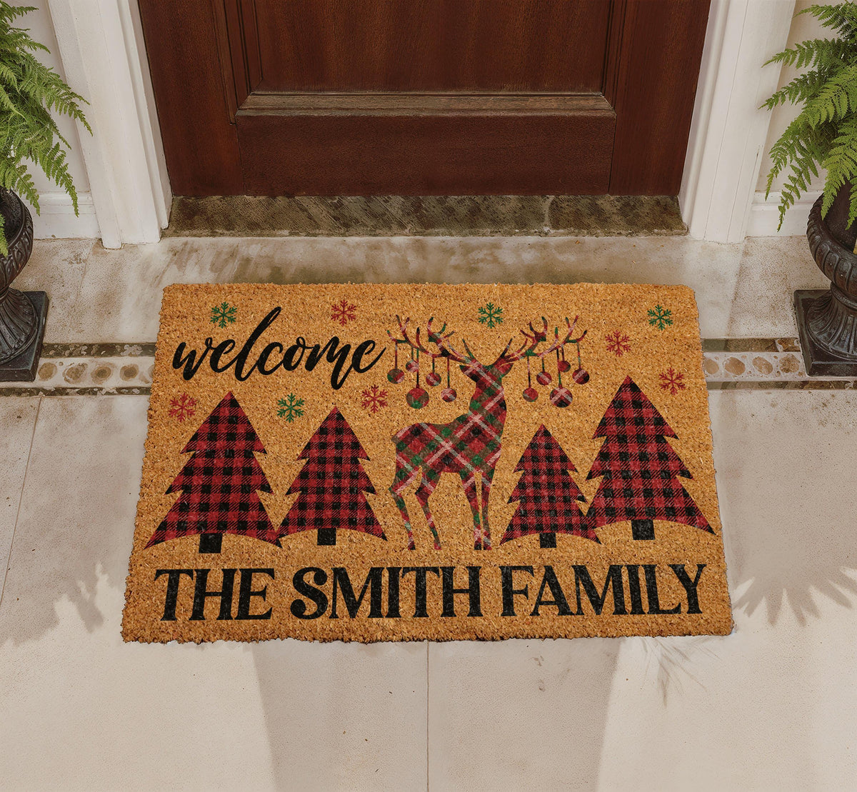 Personalized Buffalo Plaid Reindeer Doormat, Custom Family Name Holiday Welcome Mat (Coir)