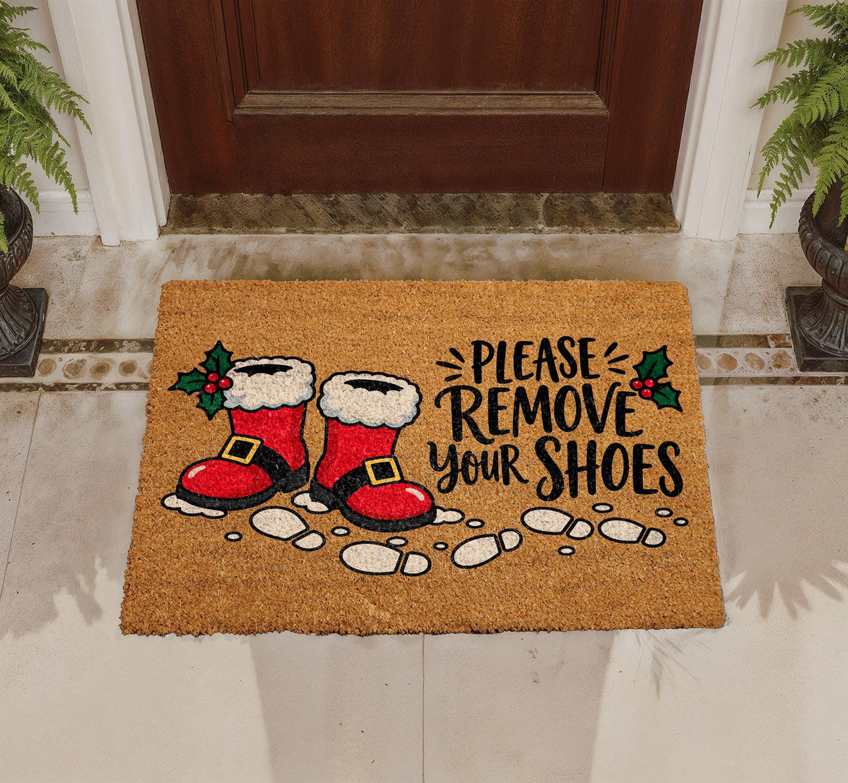 Personalized Christmas Doormat, Santa Boots Welcome Mat, Coir Rug (Custom Name)