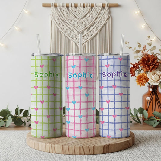 Personalized Cute Heart Plaid Coffee Tumbler, Custom Name Pastel Grid Insulated Cup
