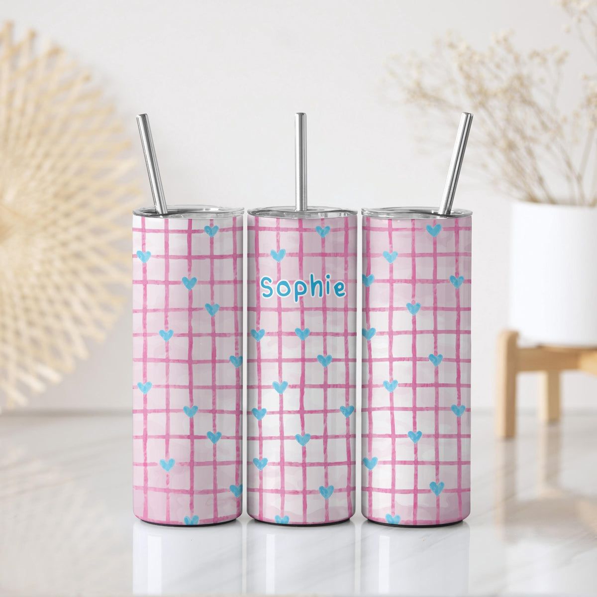 Personalized Cute Heart Plaid Coffee Tumbler, Custom Name Pastel Grid Insulated Cup
