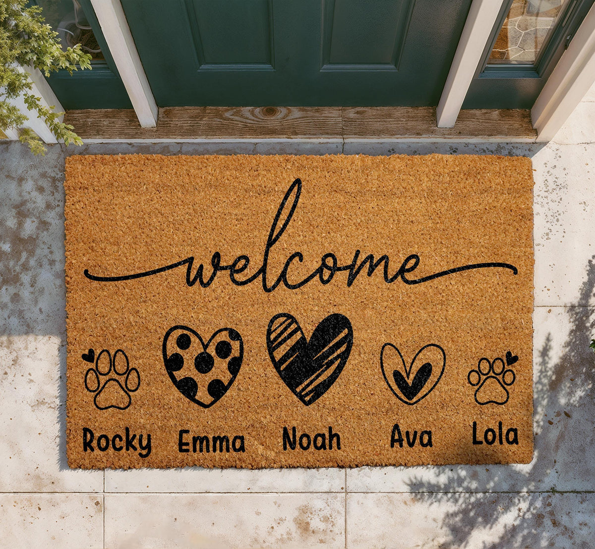 Custom Family Pet Doormat, Hearts and Paw Prints, Personalized Welcome Mat (Coir)
