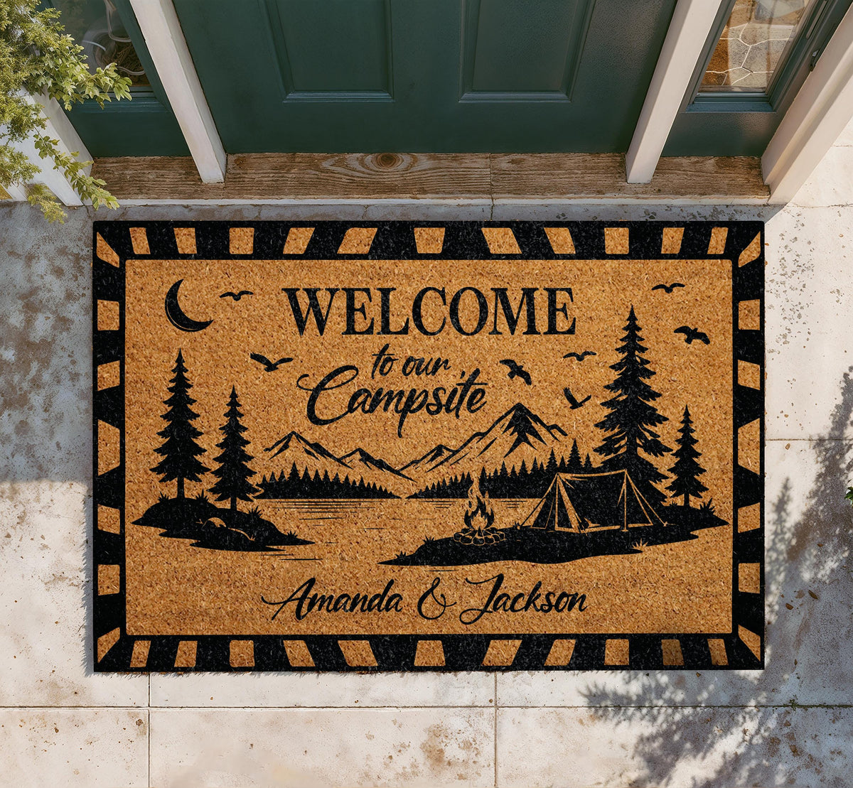 Welcome To Our Campsite Doormat, Personalized Camping Welcome Mat, Custom Couple Name Door Mat, Happy Campers Coir Mat, RV Housewarming Gift