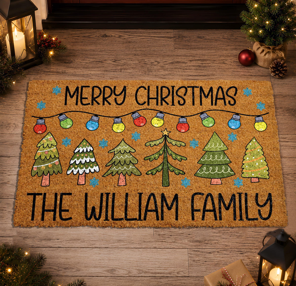 Personalized Merry Christmas Doormat, Christmas Tree & Lights Welcome Mat