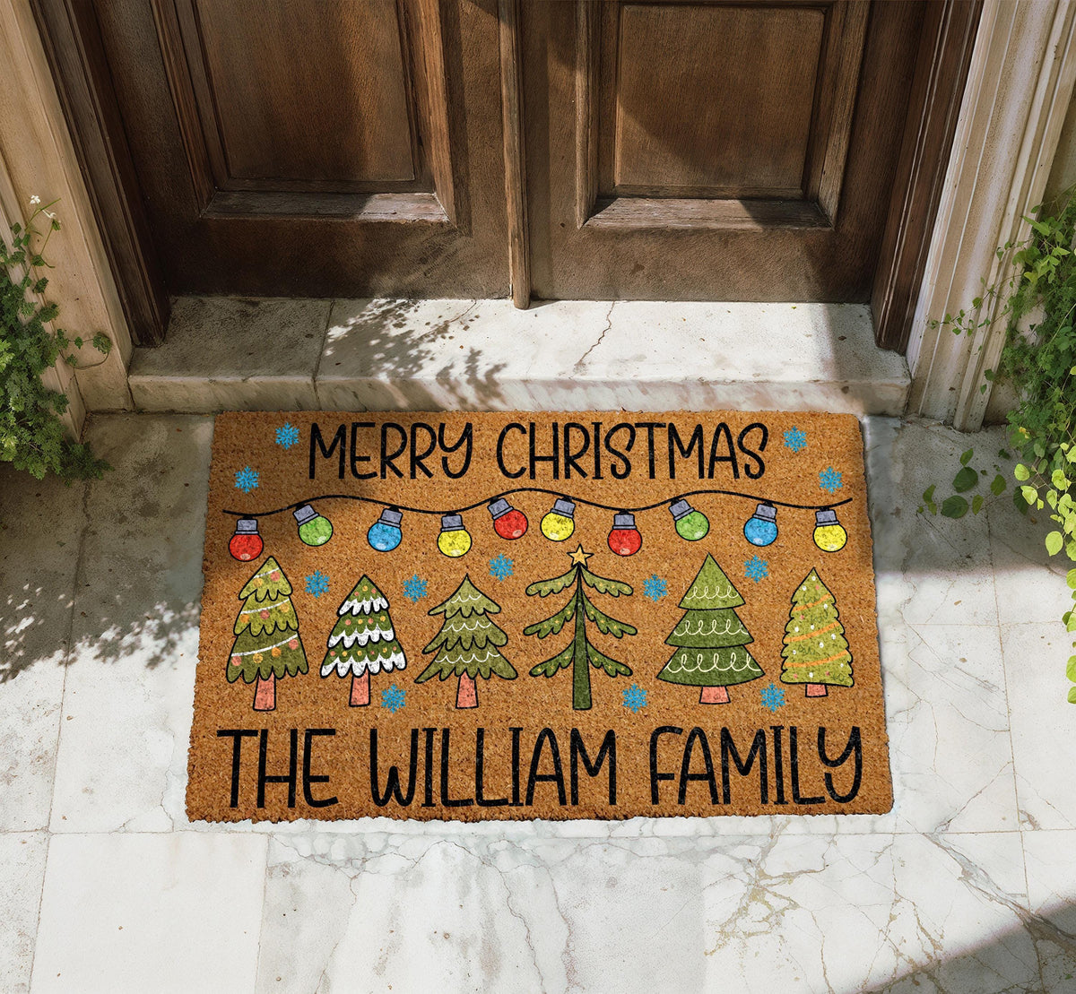 Personalized Merry Christmas Doormat, Christmas Tree & Lights Welcome Mat
