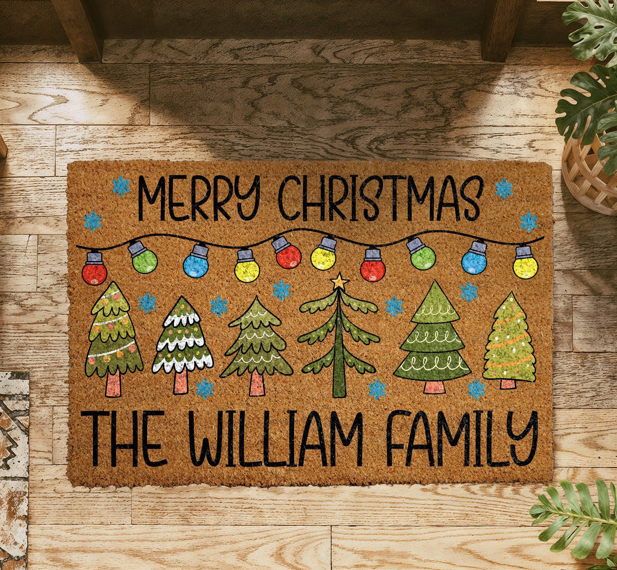 Personalized Merry Christmas Doormat, Christmas Tree & Lights Welcome Mat