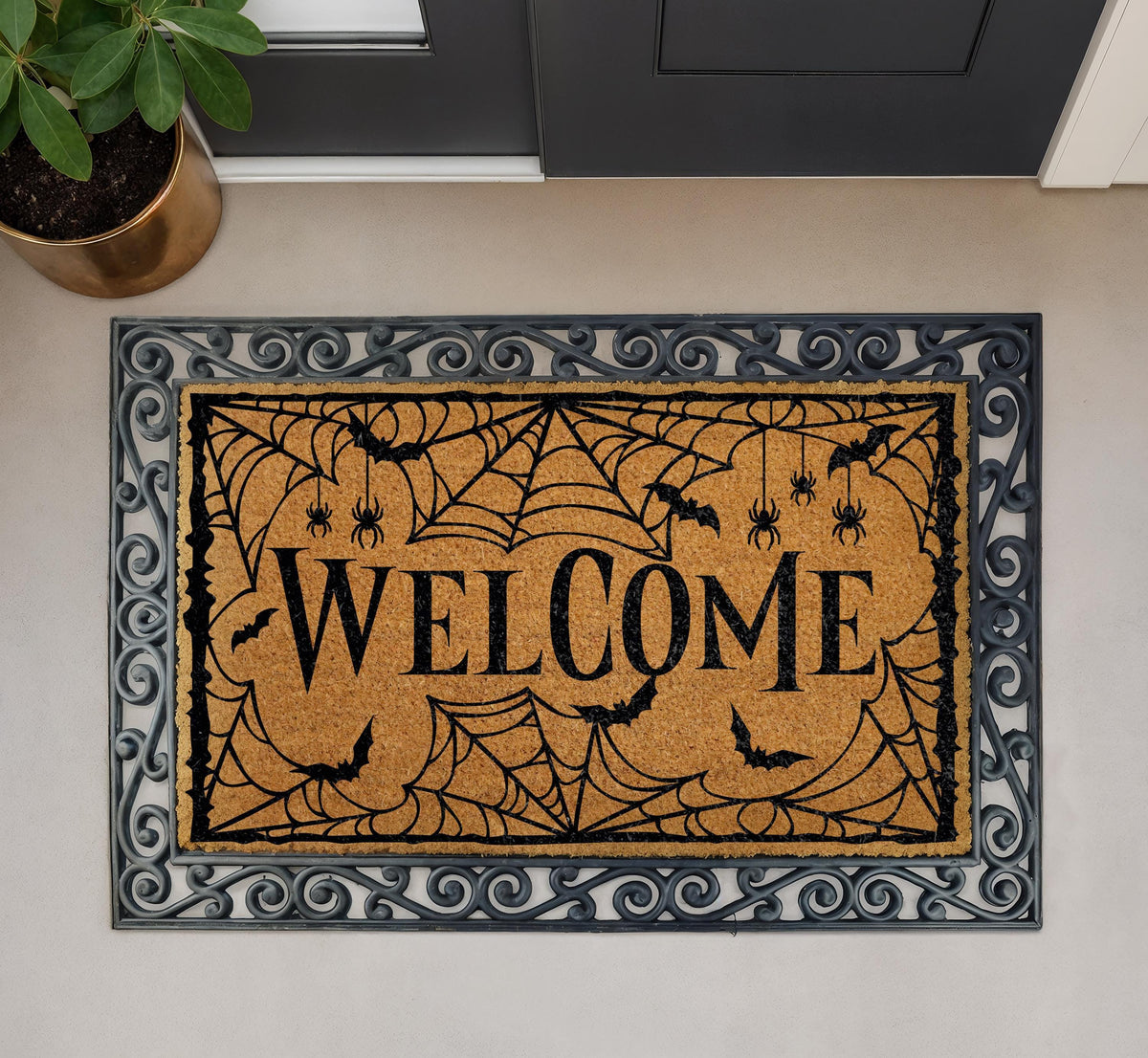 Halloween Welcome Doormat, Spider Web Spooky Bats Fall Porch Decor