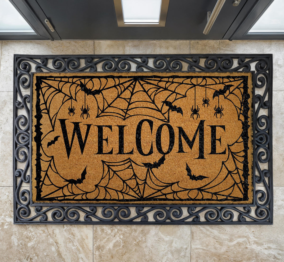 Halloween Welcome Doormat, Spider Web Spooky Bats Fall Porch Decor