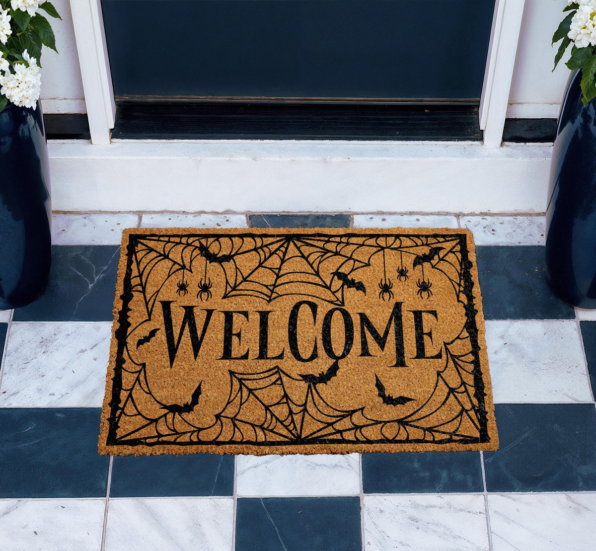 Halloween Welcome Doormat, Spider Web Spooky Bats Fall Porch Decor