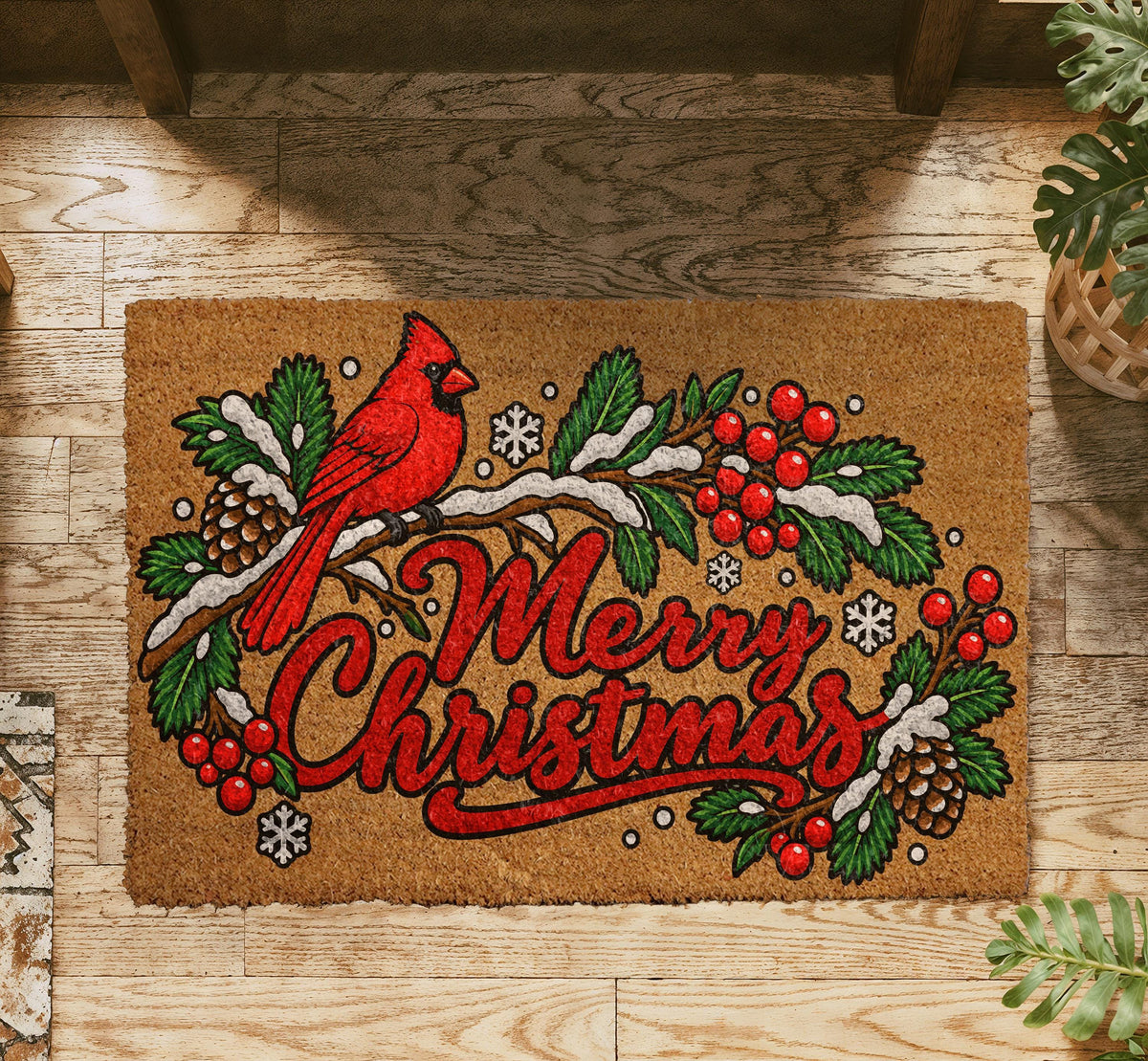 Red Cardinal Merry Christmas Doormat, Pinecone Winter Bird Welcome Mat (Coir)