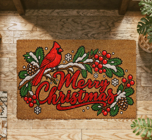Red Cardinal Merry Christmas Doormat, Pinecone Winter Bird Welcome Mat (Coir)