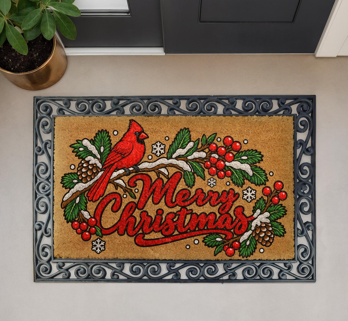 Red Cardinal Merry Christmas Doormat, Pinecone Winter Bird Welcome Mat (Coir)