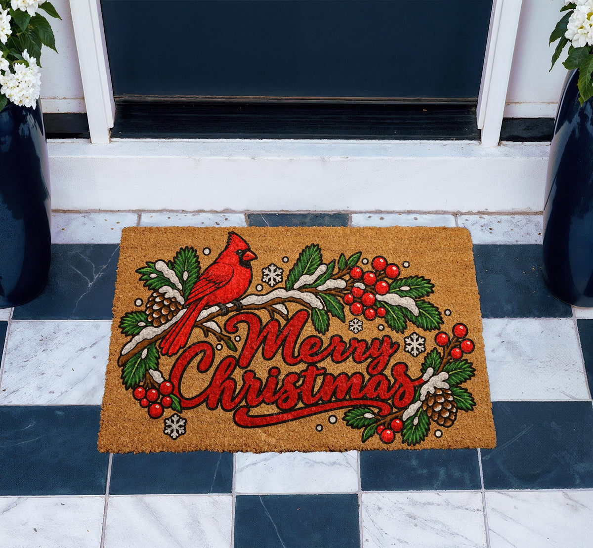 Red Cardinal Merry Christmas Doormat, Pinecone Winter Bird Welcome Mat (Coir)
