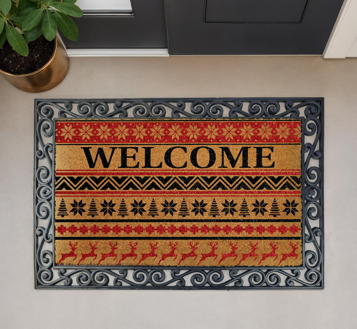Nordic Christmas Doormat, Fair Isle Reindeer Welcome Mat, Coir Porch Decor