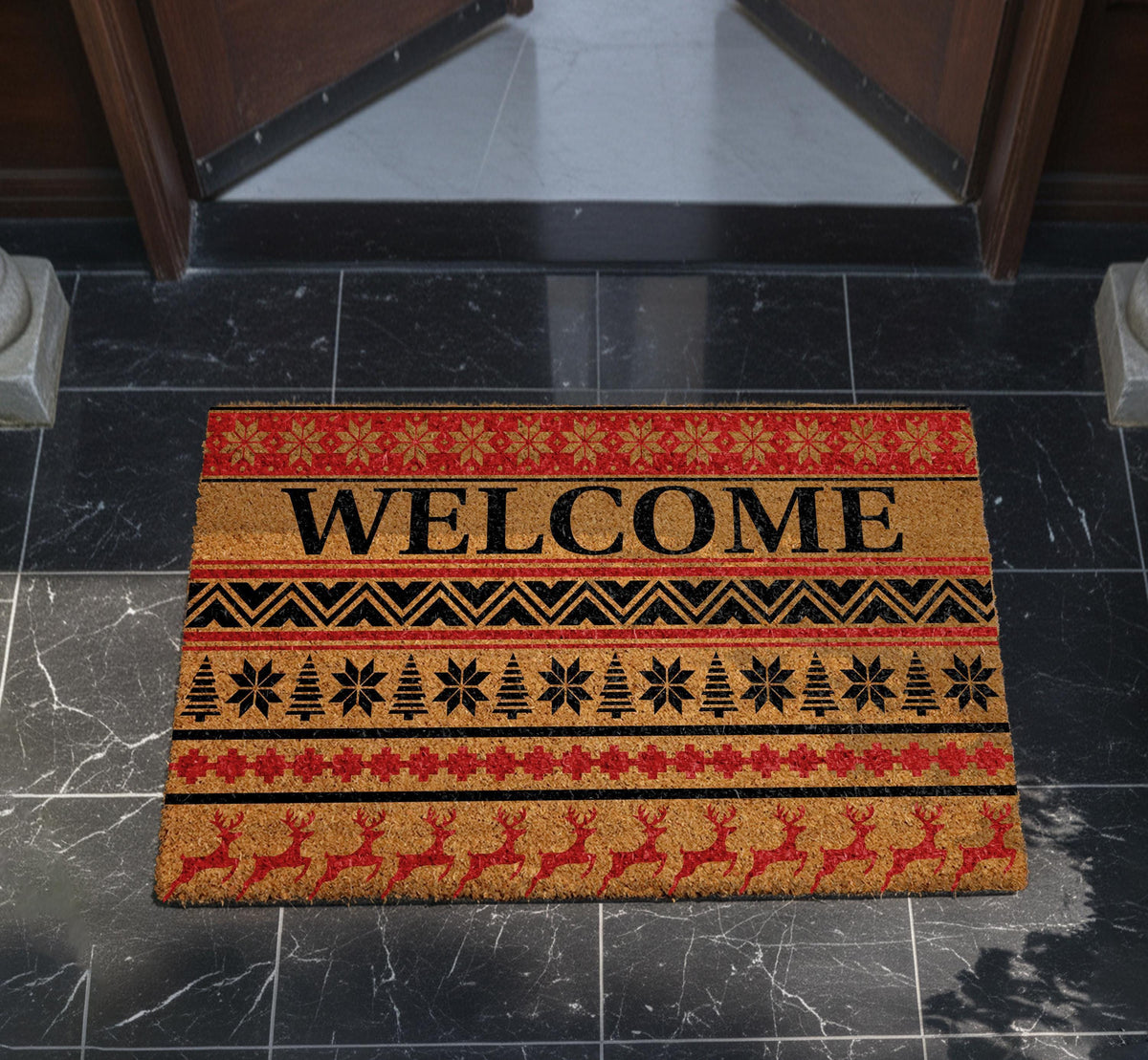 Nordic Christmas Doormat, Fair Isle Reindeer Welcome Mat, Coir Porch Decor