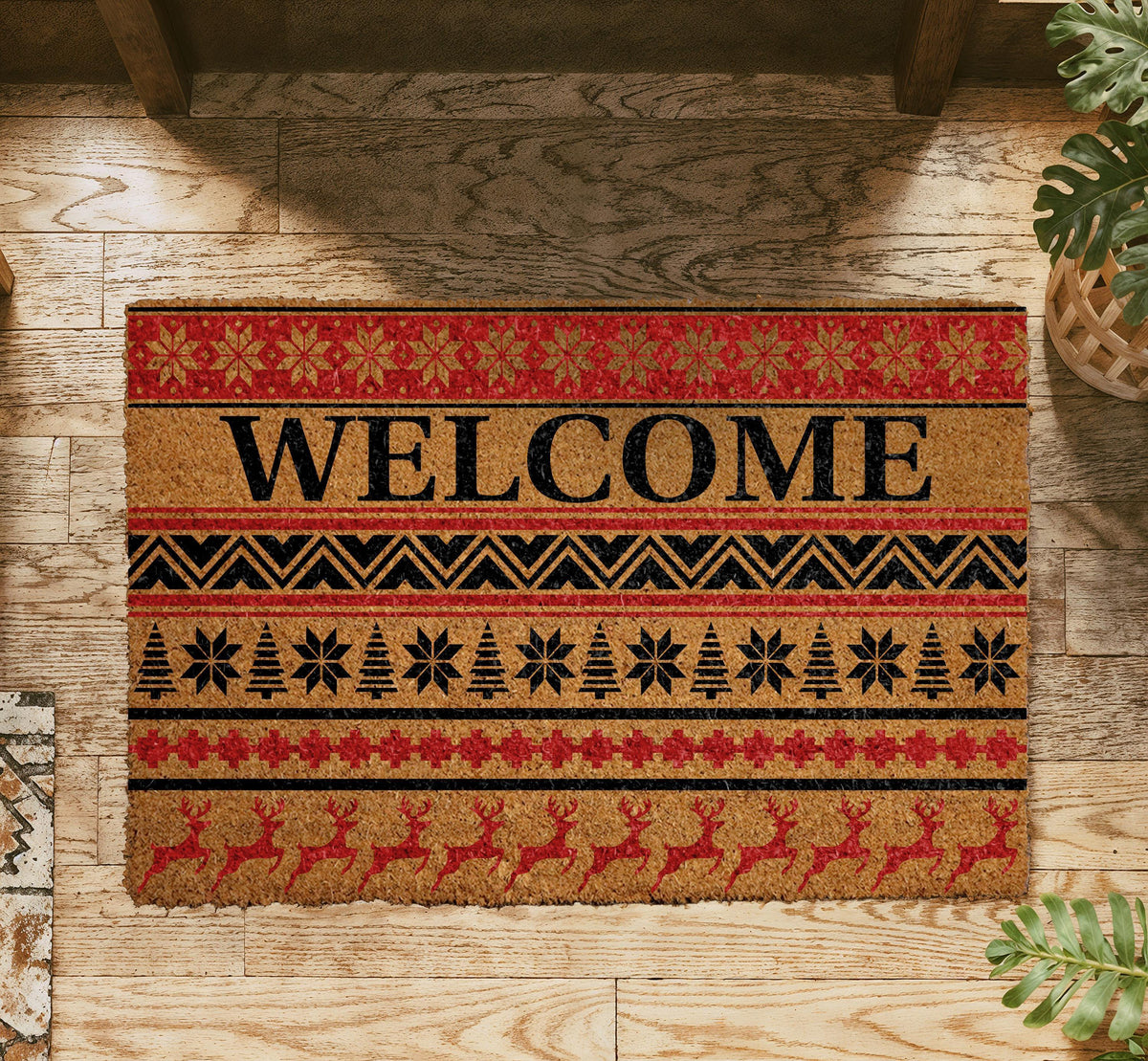 Nordic Christmas Doormat, Fair Isle Reindeer Welcome Mat, Coir Porch Decor