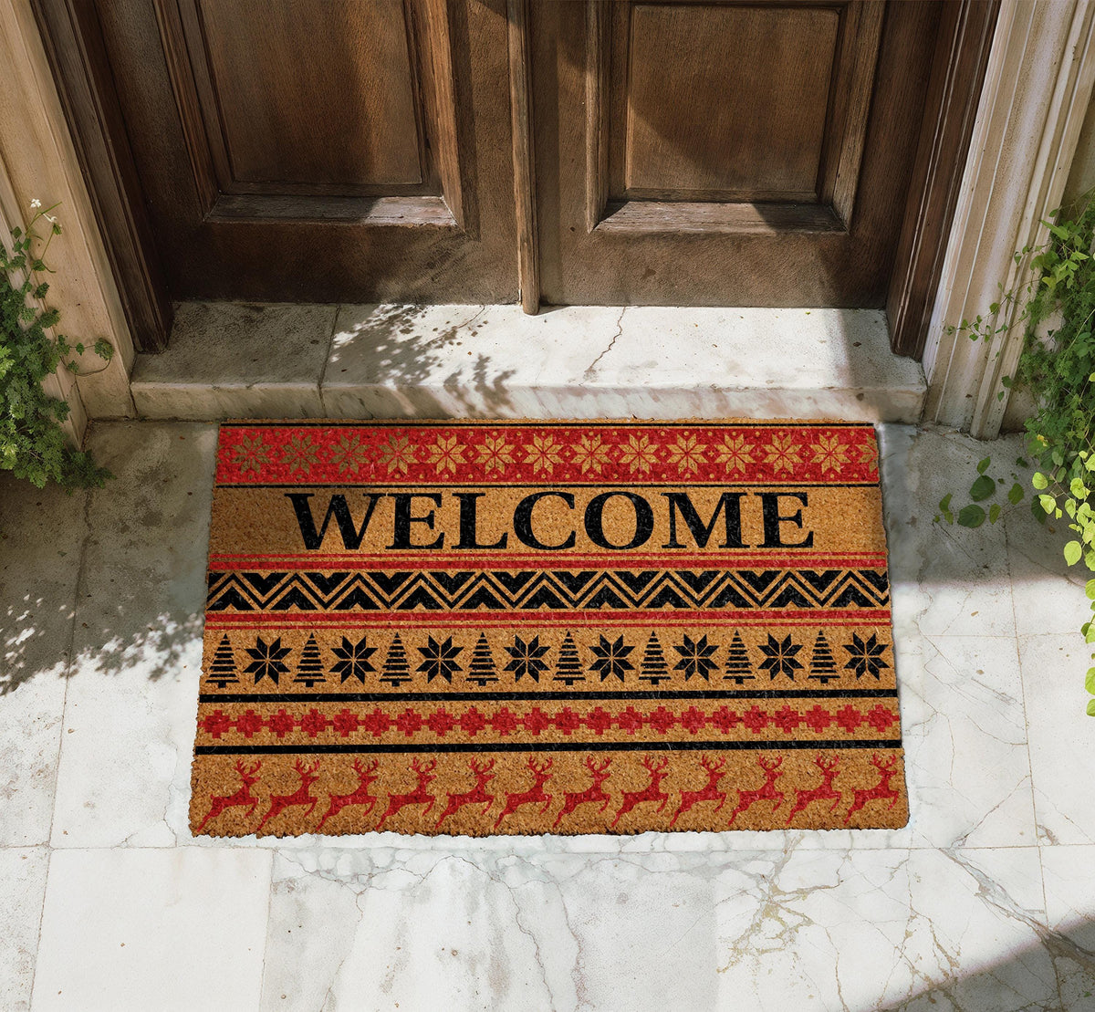 Nordic Christmas Doormat, Fair Isle Reindeer Welcome Mat, Coir Porch Decor