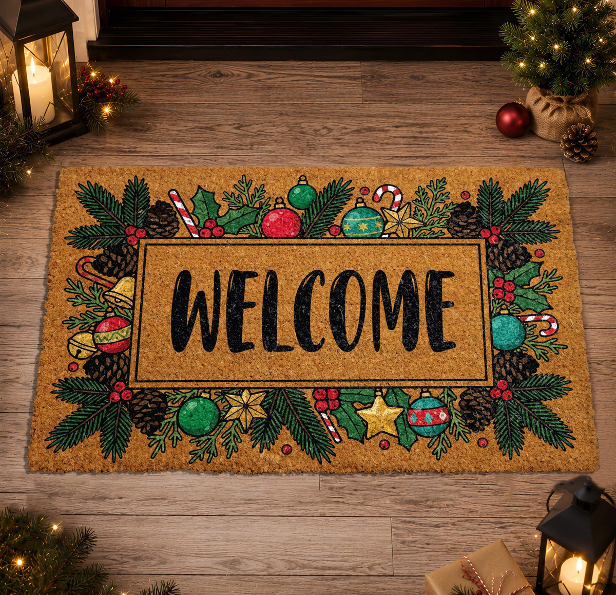 Personalized Christmas Wreath Doormat, Coir Welcome Mat, Holiday Front Porch Decor