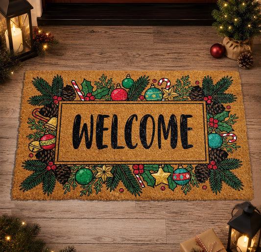 Personalized Christmas Wreath Doormat, Coir Welcome Mat, Holiday Front Porch Decor