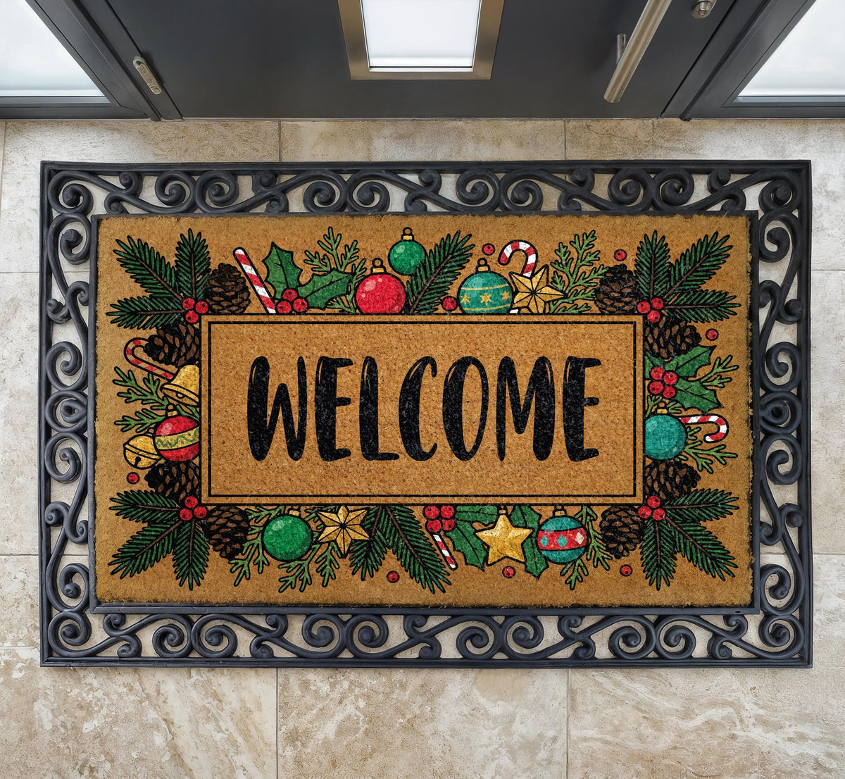 Personalized Christmas Wreath Doormat, Coir Welcome Mat, Holiday Front Porch Decor