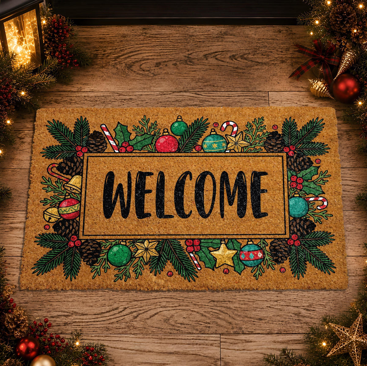 Personalized Christmas Wreath Doormat, Coir Welcome Mat, Holiday Front Porch Decor