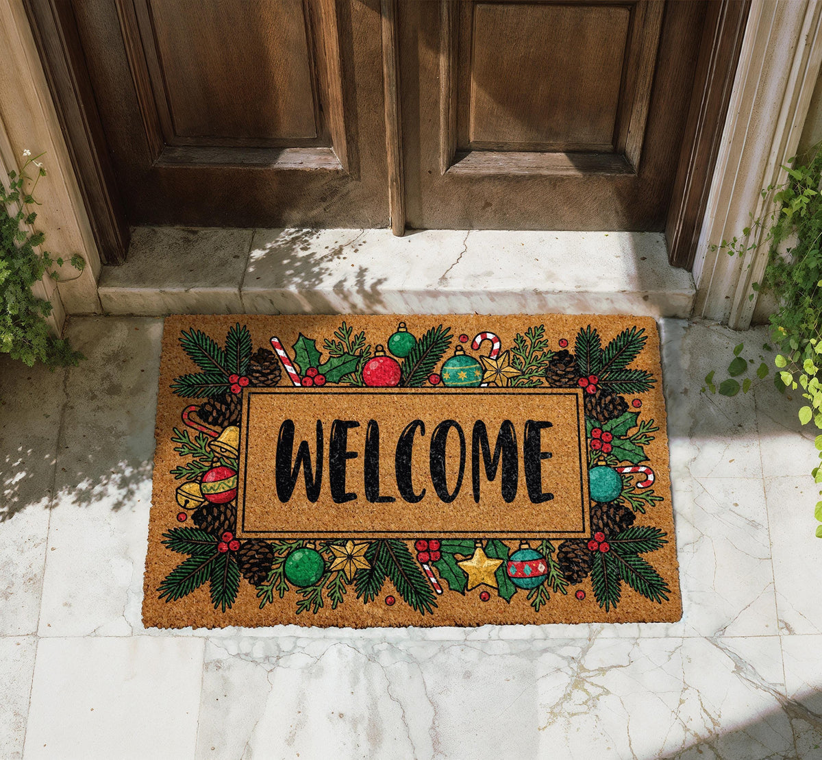 Personalized Christmas Wreath Doormat, Coir Welcome Mat, Holiday Front Porch Decor