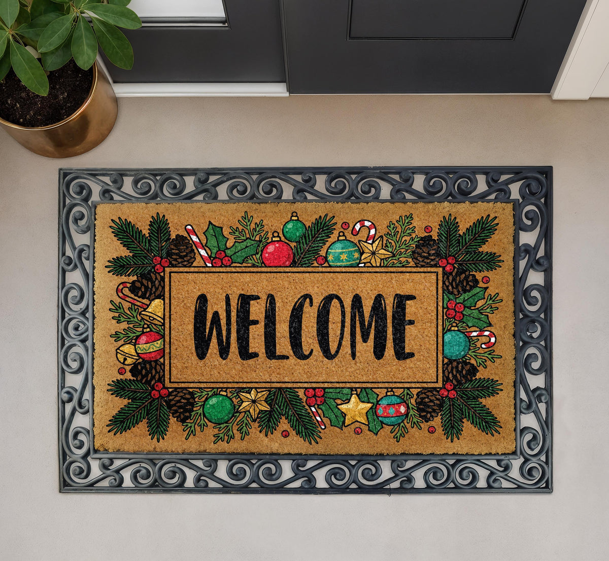 Personalized Christmas Wreath Doormat, Coir Welcome Mat, Holiday Front Porch Decor