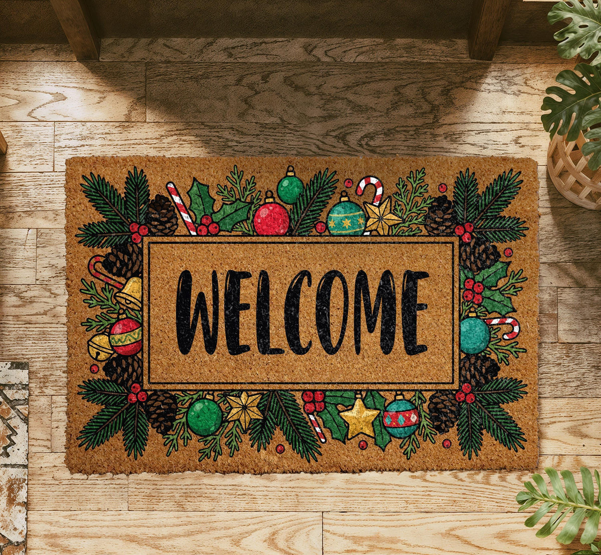 Personalized Christmas Wreath Doormat, Coir Welcome Mat, Holiday Front Porch Decor