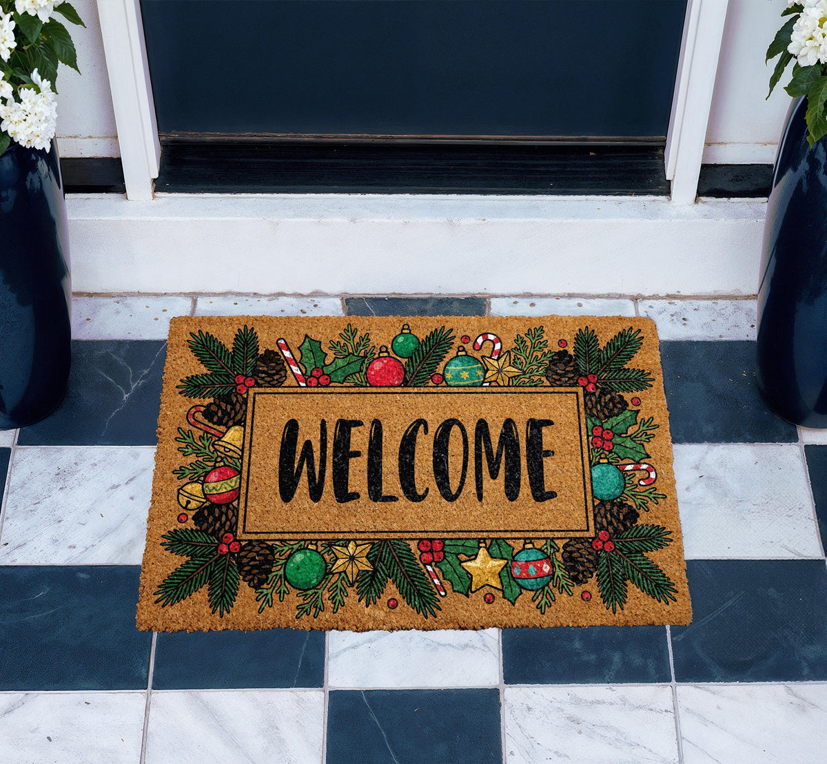 Personalized Christmas Wreath Doormat, Coir Welcome Mat, Holiday Front Porch Decor
